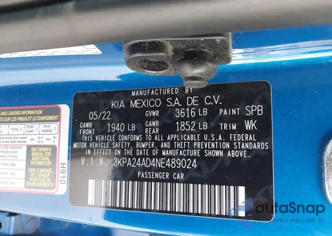 2022 Kia Rio S z USA, uszkodzony, nr VIN 3KPA24AD4NE489024